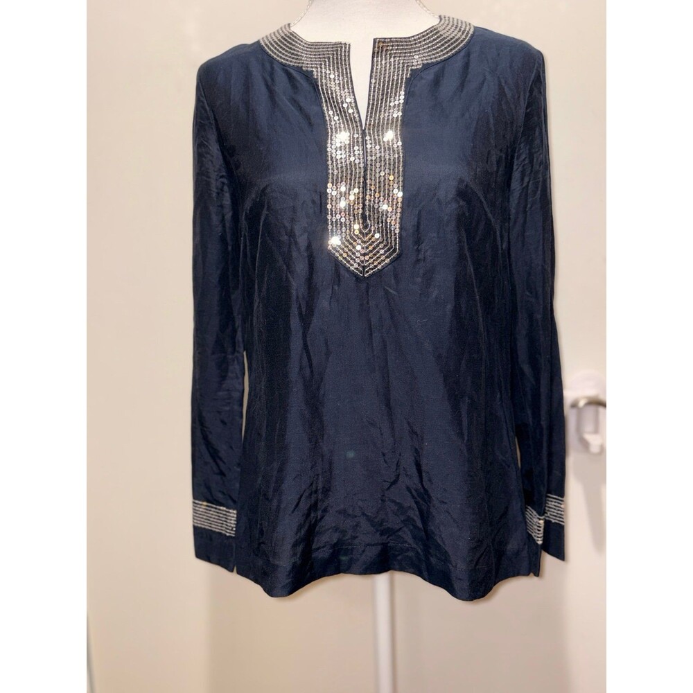 Alfani Navy Blue Sequin V-neck Tunic Cotton/Silk blend‎ Size 4 Petite EUC